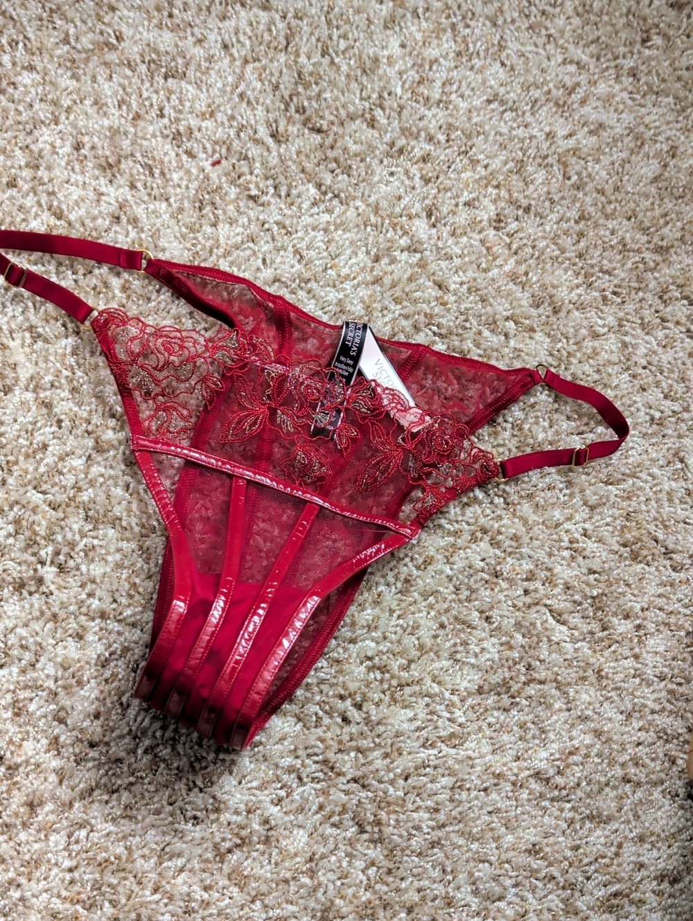 Victoria's Secret Very Sexy Brazilian Slip Panties Red Embroidered Floral XL